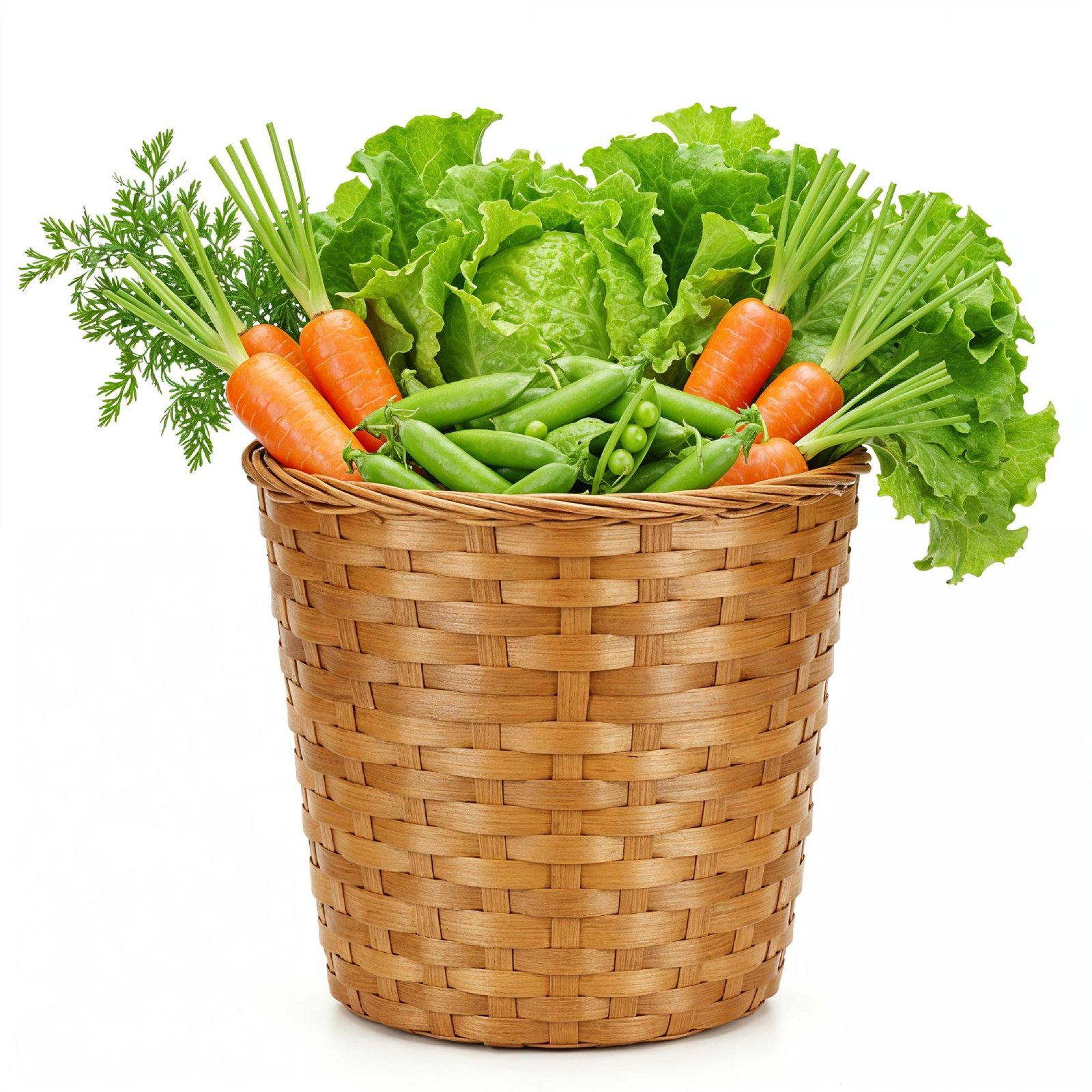 Tall Wicker Basket Overflowing with Fresh Organic Vegetables on White Background
