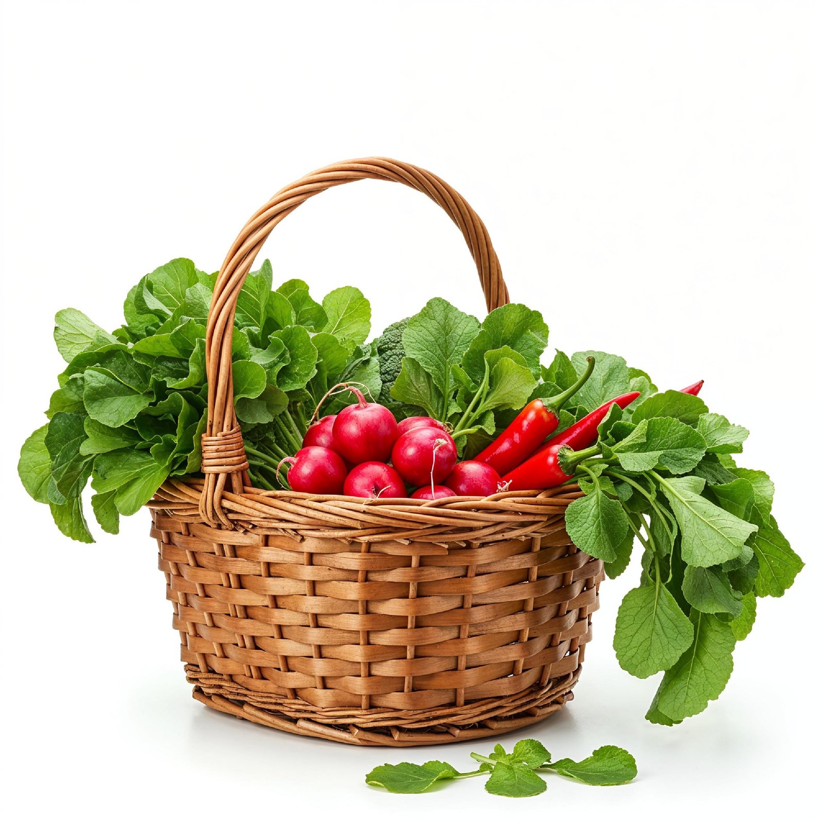 Traditional Village Style Basket Filled with Fresh Leafy Vegetables on White Background