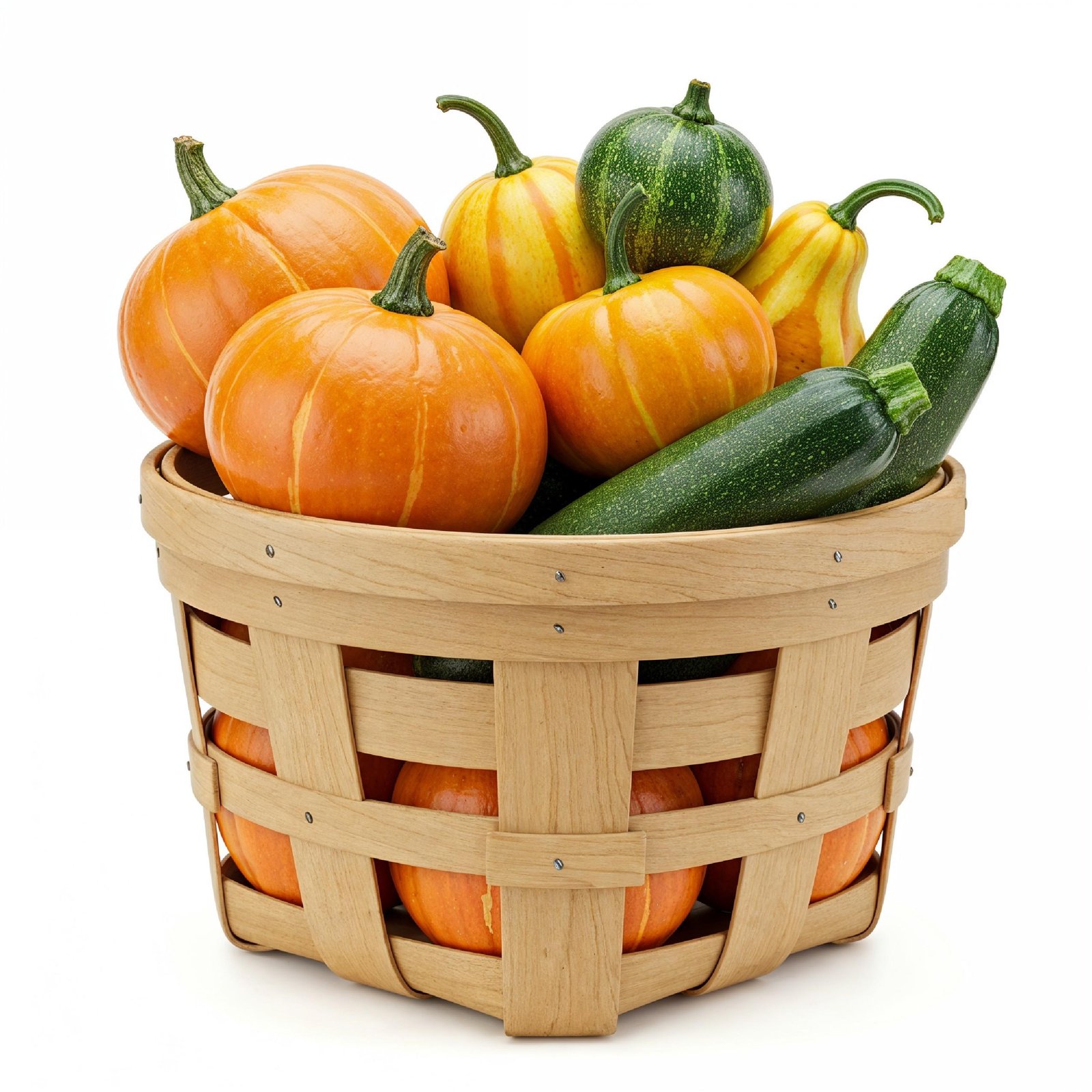 Wooden Basket Filled with Fresh Pumpkins and Gourds Isolated on White Background