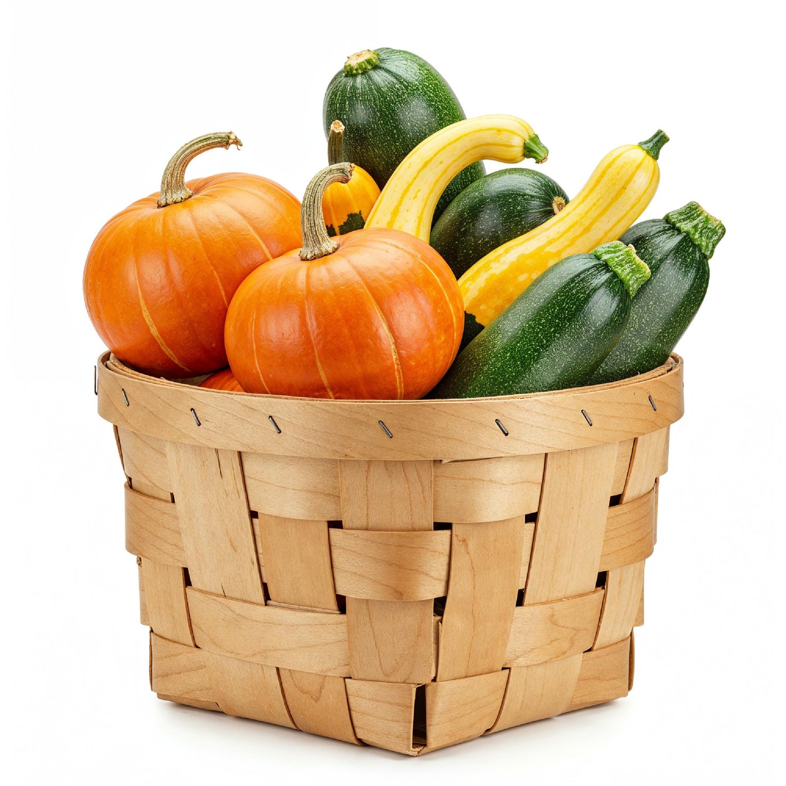 Wooden Basket Filled with Fresh Pumpkins and Gourds Isolated on White Background