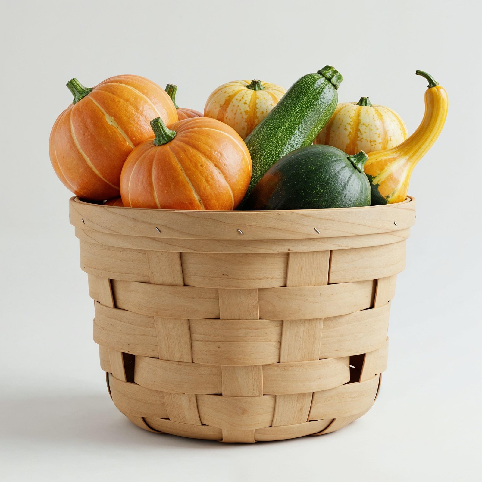 Wooden Basket Filled with Fresh Pumpkins and Gourds Isolated on White Background