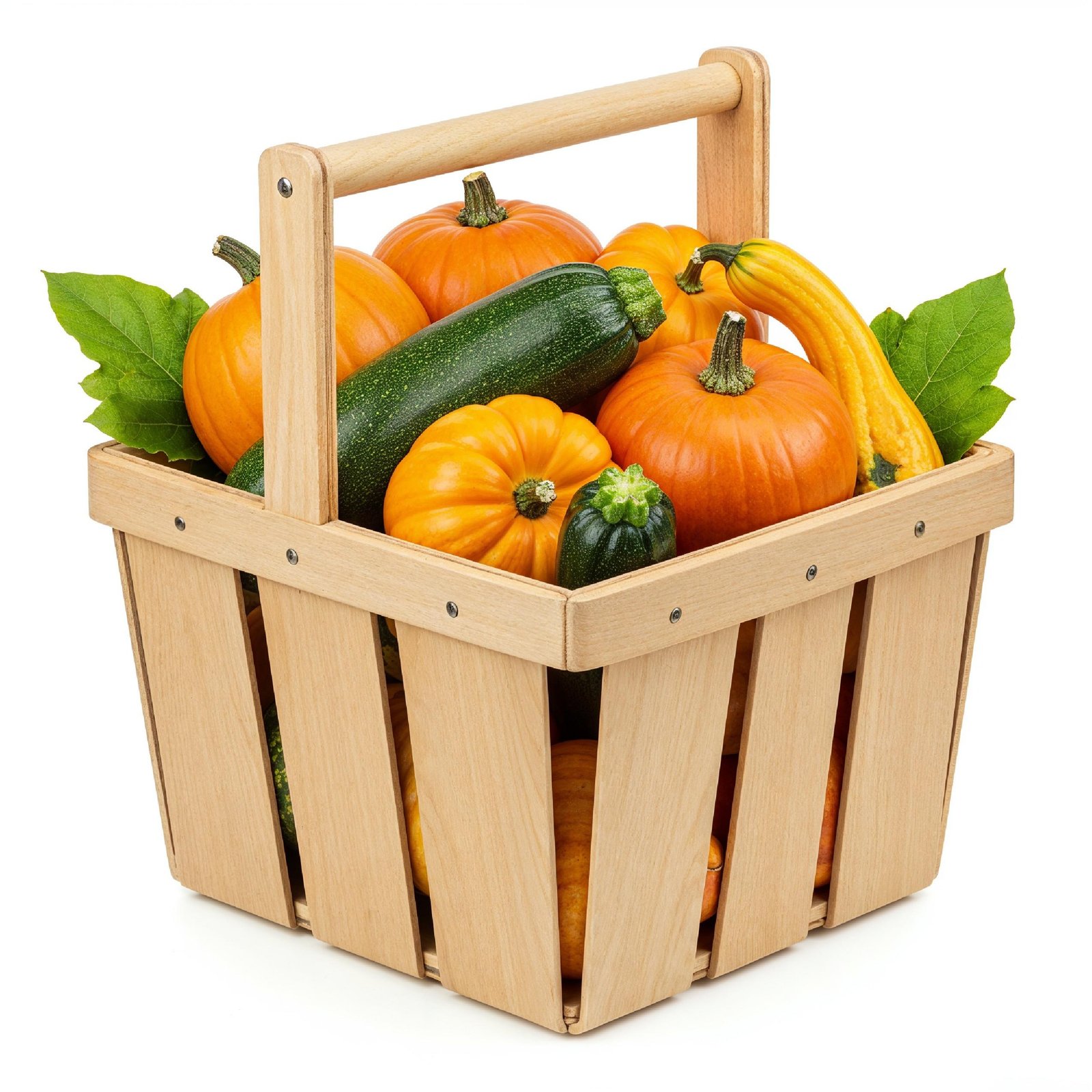 Wooden Basket Filled with Fresh Pumpkins and Gourds Isolated on White Background